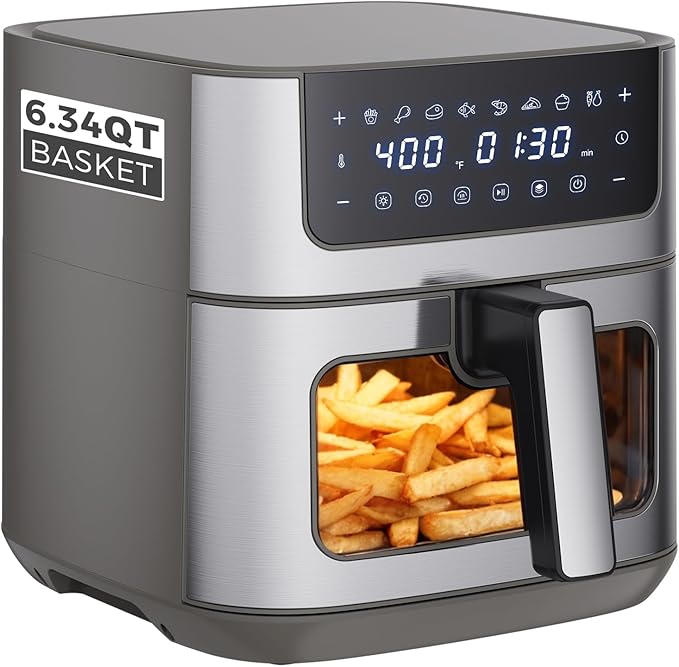 Sweetcrispy 6.34QT Air Fryer, 8-in-1 Air Fryers Oven with Visible Window, 400℉ Fast Heating, Nonstick Dishwasher-Safe Basket, Timer & Auto-Off, Stainless Steel, Grey