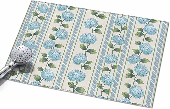 Area Rug 2x3ft, Spring Blue Flower Hydrangea Leaf Washable Rugs for Living Room Bedroom, Floral Stripes on Linen Soft Non-Slip Area Rugs Rectangle Floor Carpet for Dining Room