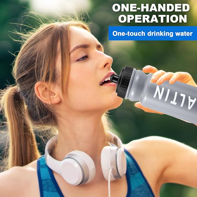 Suclain Water Bottle Carrier with 20 Oz Bottles and Stickers Plastic Wide Mouth Sports Water Bottle Squeeze Team Bottles with Black Lid for Fitness Bike Gym(7 Pcs,Grey)
