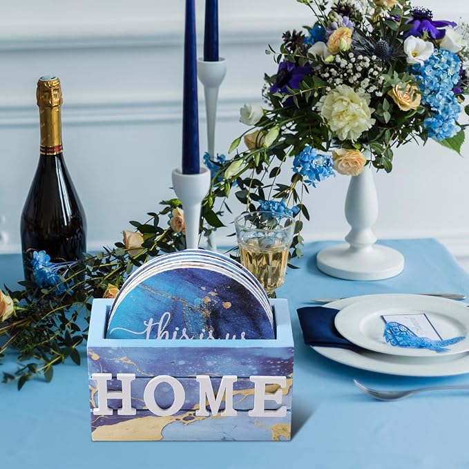 Queekay Coasters Set of 6 House Warming Gifts New Home Wooden Farmhouse Drink Coasters with Holder 4'' Funny Decoration for Kitchen Family Coffee Bar Tabletop Protection(Gilded Blue)