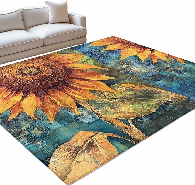 Area Rug 8x10ft, Rustic Golden Sunflower on Teal Blue Washable Rugs for Living Room Bedroom, Abstract Floral Soft Non-Slip Area Rugs Rectangle Floor Carpet for Dining Room