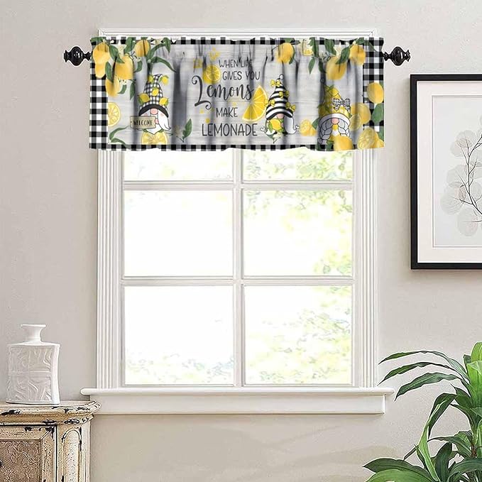 Lemon Gnome Curtain Valance for Kitchen, Yellow Fruit Black White Buffalo Plaid Wooden Farmhouse Decor Window Treatment for Dining Bedroom Living Room Cafe Resturant Home Decoration, 54x18Inch