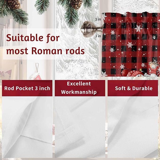Christmas Snowman Swag Valance Curains Winter Xmas Tree Snowflakes Red Black Plaid Rod Pocket Kitchen Curtains Scalloped Window Treatment Valances Swag for Living Room Bedroom, 1 Pair, 36"W x 45"L