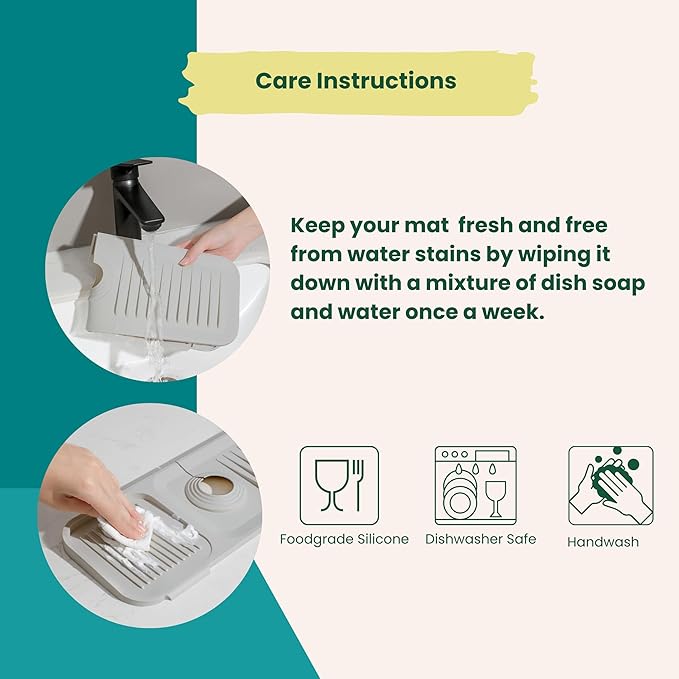 Kitchen Sink Splash Guard (23.6" x 5.5") - 5 Slope Silicone Draining Mat, Faucet Mat With Soap Dispenser & Sponge Holder, Water Drip Catcher Tray (Light Grey)