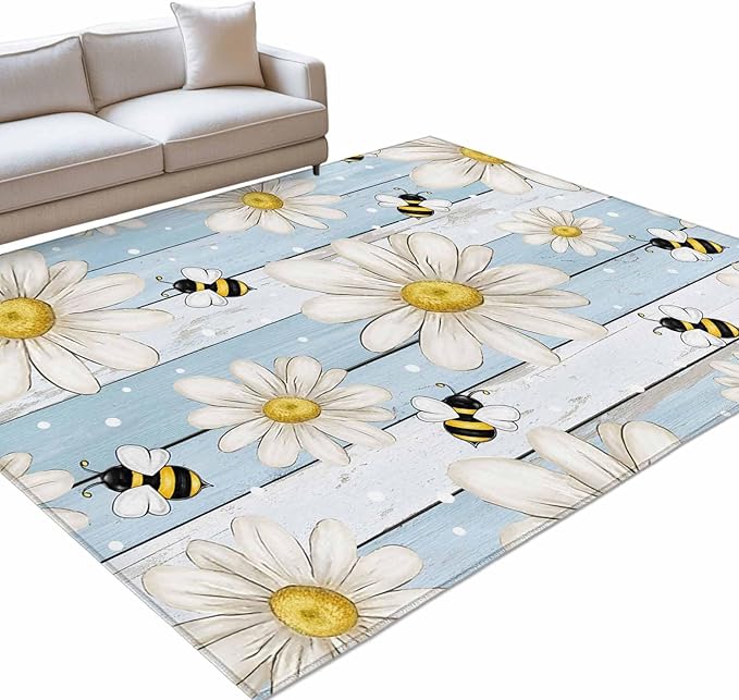 Area Rug 9x12ft, Watercolor White Daisy Floral Bee Washable Rugs for Living Room Bedroom Rectangle Floor Carpet, Rustic Light Blue Wood Plank Soft Non-Slip Area Rugs for Dining Room