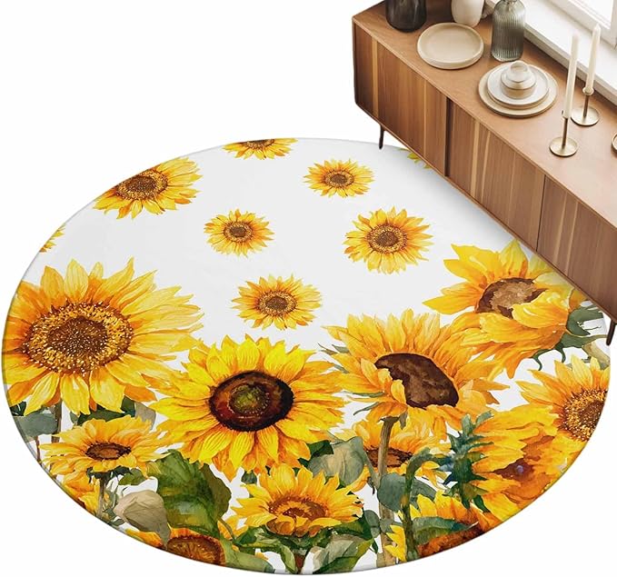Washable Round Area Rug Summer Pastoral Sunflower Circle Rugs Floor Carpet for Living Room Bedroom, Farmhouse Yellow Flower Soft Non Slip Round Rug 5ft