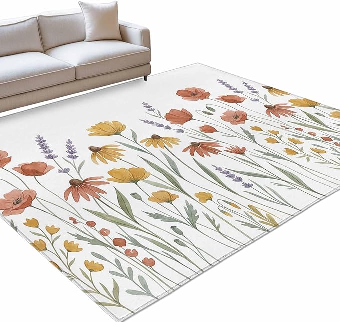 Area Rug 9x12ft, Watercolor Daisies Lavender Washable Rugs for Living Room Bedroom Rectangle Floor Carpet, Country Floral Art Soft Non-Slip Area Rugs for Dining Room