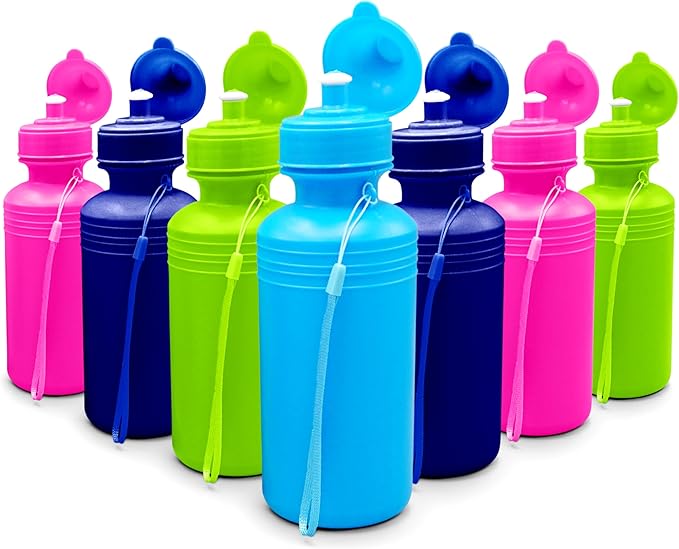 4E's Novelty Bulk Water Sports Bottles for Kids 18 oz - 12 Pack Squeeze Reusable Plastic, Neon Colors, BPA Free, Kids Water Bottles Party Favor Gift Giveaways, End of Year Student Gifts from Teacher
