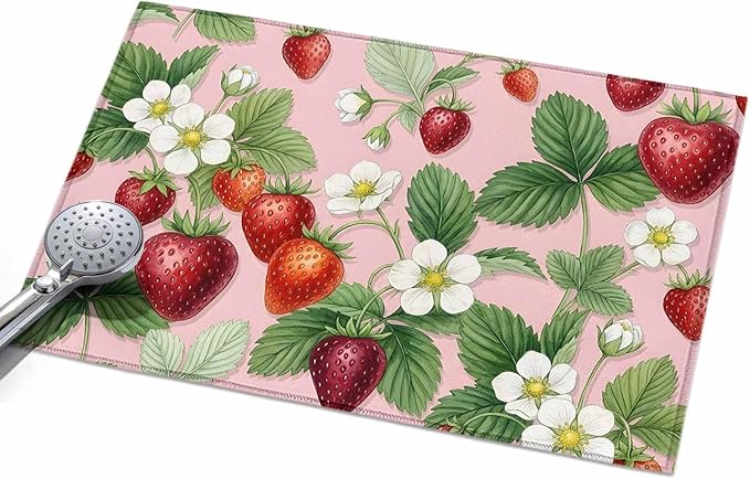 Area Rug 2x3ft, Summer Strawberry Bush on Pink Washable Rugs for Living Room Bedroom, Forest Green Foliage Soft Non-Slip Area Rugs Rectangle Floor Carpet for Dining Room