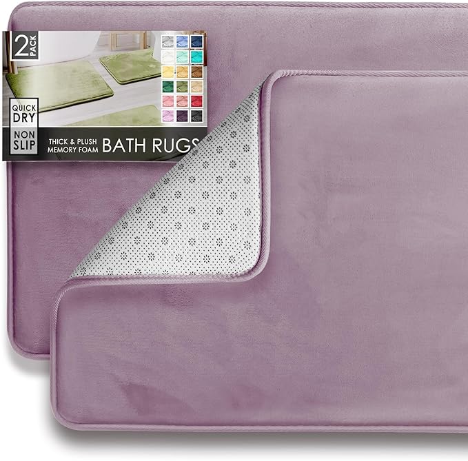 Clara Clark 2 Piece Bathroom Rug Set - Memory Foam, Bath Mat Set, Plush, Cozy, Ultra Soft, Non Slip, Machine Washable, Quick Dry - 24” x 17”+ 32” x 20” - Dusty Purple