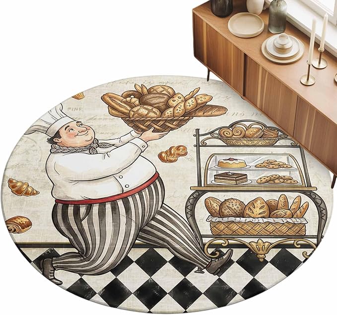 Washable Round Area Rug Farmhouse Kitchen Baker Bread Circle Rugs Floor Carpet for Living Room Bedroom, Vintage Black Plaid Soft Non Slip Round Rug 5ft