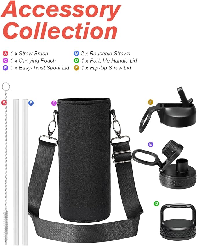 Coolflask Water Bottle 40 oz Insulated with Straw, Stainless Steel Metal 3 Lids Water Flask for Sports or Office, Keep Cold 48H Hot 24H, Purple Black