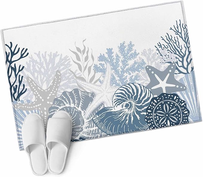 Area Rug 2x3ft, Underwater Blue Shells Starfish Coral Washable Rugs for Living Room Bedroom, Summer Botantical Soft Non-Slip Area Rugs Rectangle Floor Carpet for Dining Room