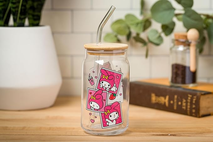 Silver Buffalo Sanrio Hello Kitty and Friends My Melody Polaroids Glass Jar Tumbler with Bamboo Lid and Glass Straw, 16 Ounces (Pack of 12)