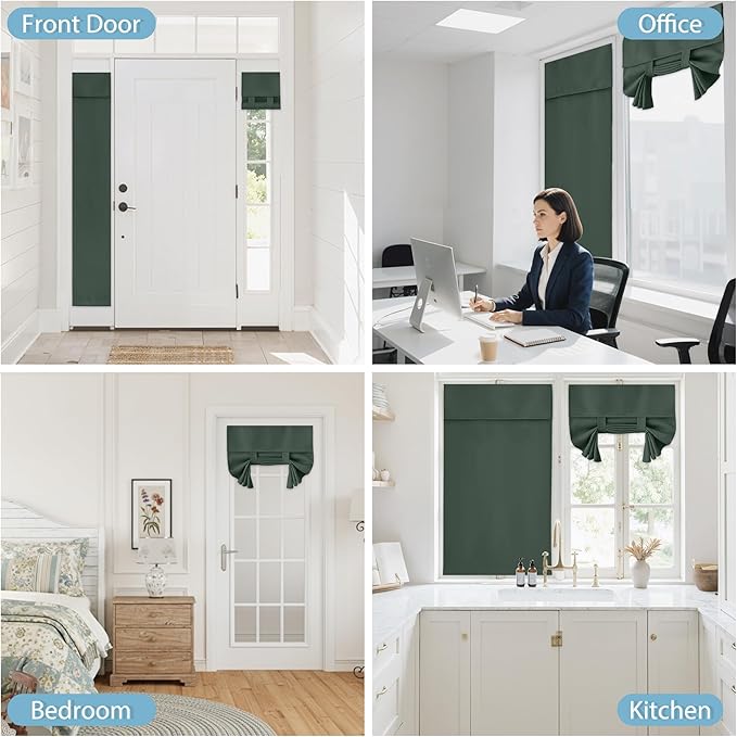 RYB HOME Privacy French Door Blinds - Room Darkening Window Curtains for Front/Tricia/Sidelight Door Tie up Shade for Sightseeing, W34 x L40 inch, 1 Panel, Dark Green
