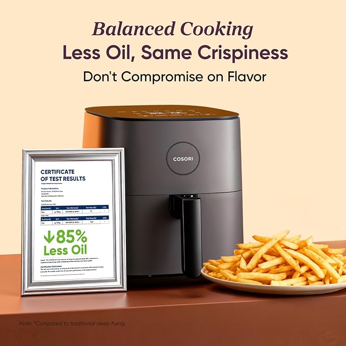 Cosori Air Fryer Pro, Compact 5QT, Ceramic Coating, 7 Presets with Preheat & Keep Warm, 450ā, Easy to use & clean, Shake Reminder, 130+ In-App Recipes, Nonstick & Dishwasher-Safe Basket, Gray