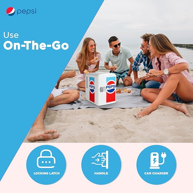 CURTIS MIS138PEP Pepsi Retro Logo, Mini Portable Compact Personal Fridge Cooler, 4 Liter Capacity Chills Six 12 oz Cans, 100% Freon-Free & Eco Friendly, White, 6