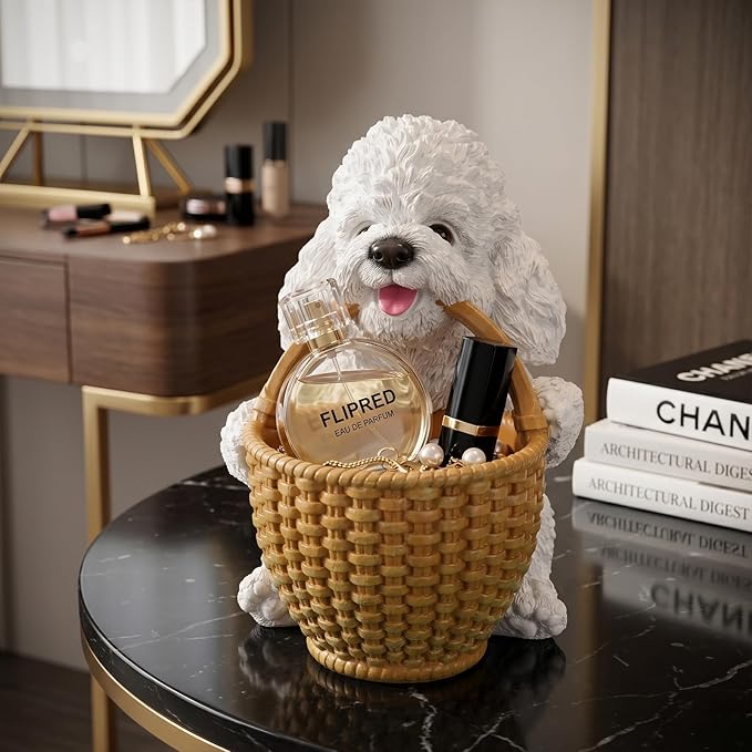 White Poodle Candy Bowl, Resin Dog Figurine Key Bowl for Entryway Table, Desktop Storage Basket Organizer for Desk, Unique Dog Lover Gift