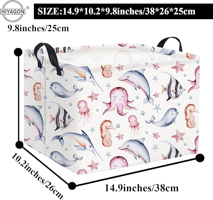 HIYAGON Rectangular Ocean Basket for Kids Baby Basket for Boys and Girls Cute Toy Storage Organizer Bin Box Sea Fishes Room Decor(Sea Fishes)