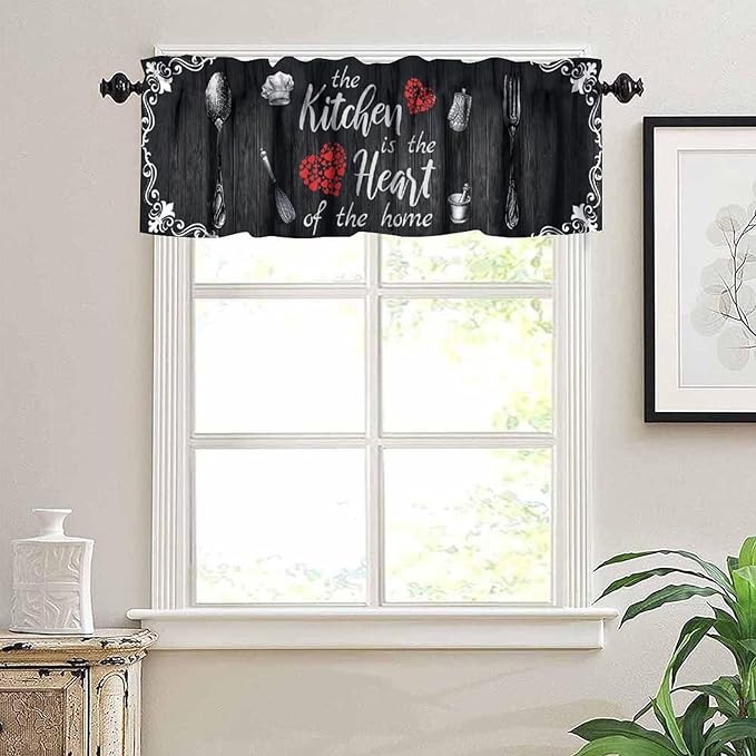 Retro Farmhouse Kitchen Valance, Black White Vintage Country Fork Spoon Heart Wooden Farm Short Curtain for Dining Room Bedroom Living Room Resturant Cafe Home Decor, 54x18Inch