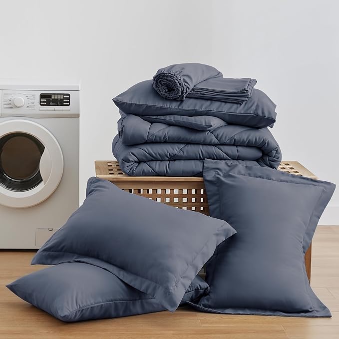 Love's cabin Queen Comforter Set Navy Blue, 7 Pieces Queen Bed in a Bag, All Season Bedding Sets with 1 Comforter, 1 Flat Sheet, 1 Fitted Sheet, 2 Pillowcase and 2 Pillow Sham | Soft, Breathable, Lightweight, Comfortable
