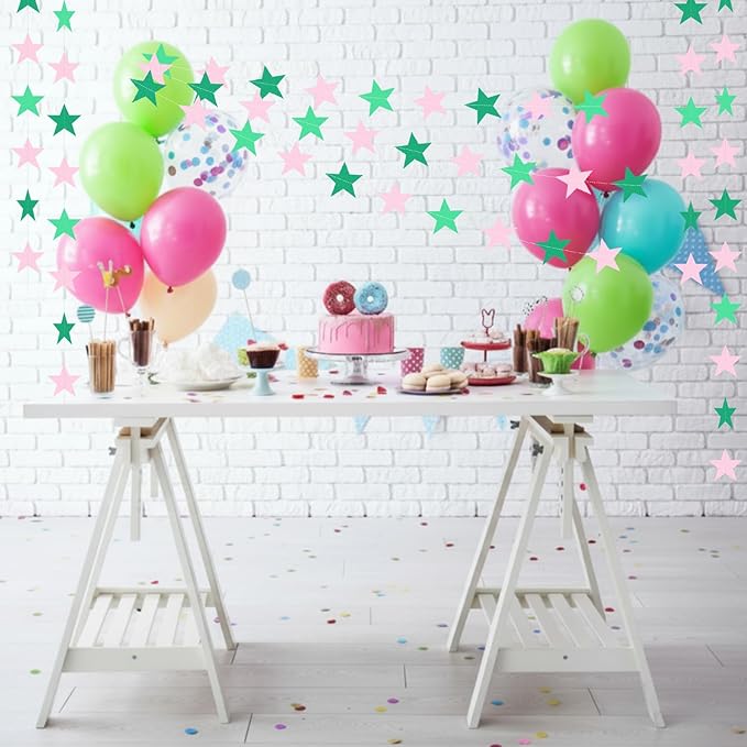 Patelai 130 Feet Glitter Star Garland Banner 2026 Party Decoration Double Side Star Hanging String Streamer Paper Twinkle for Graduation Wedding Birthday (Pink and Green)