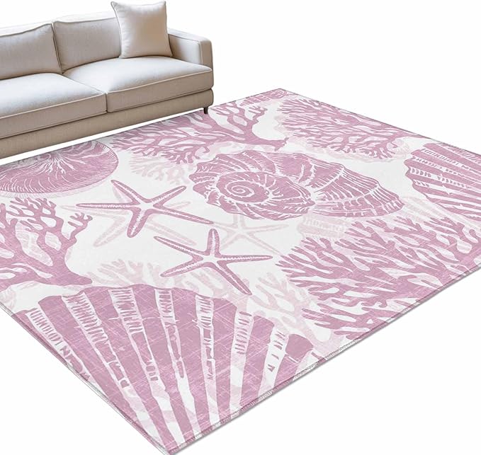 Area Rug 8x10ft, Watercolor Summer Marine Creature Washable Rugs for Living Room Bedroom, Pink Starfish Shell Conch Soft Non-Slip Area Rugs Rectangle Floor Carpet for Dining Room