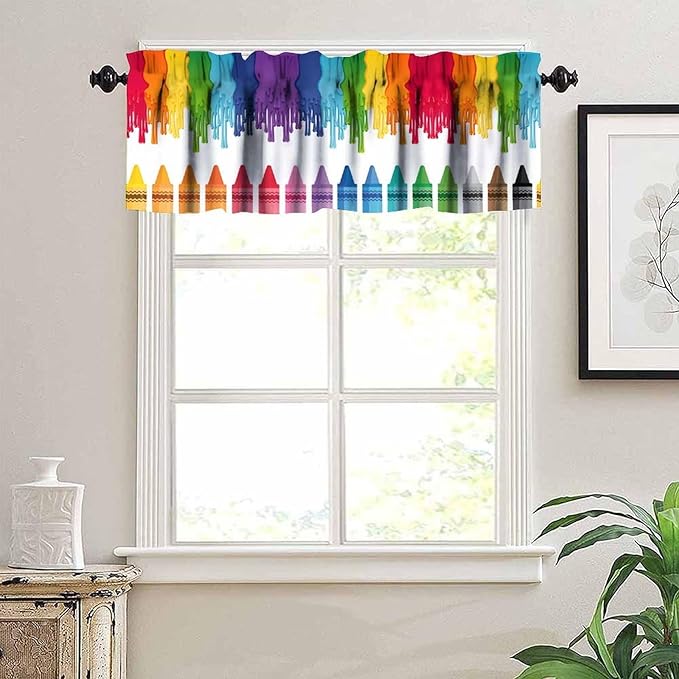 Colorful Crayon Valance, Kids Rainbow Colour Pigment Splash Oil Painting Art Window Treatment for Kitchen Dining Room Bedroom Nursery Classroom, 54x18Inch