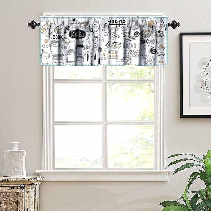 Kitchen Valance Curtain, Doodle Baking Cooking Tools Treats Food Short Window Treatment for Kitchen Dining Resturant Bedroom Home Decor, 54x18Inch