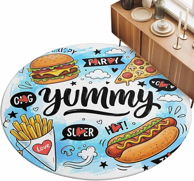 Washable Round Area Rug Cartoon Food Abstract Graffiti Circle Rugs Floor Carpet for Living Room Bedroom, Blue Sky with Clouds Soft Non Slip Round Rug 3ft