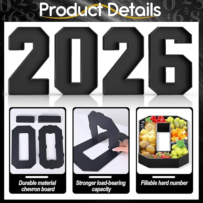 2026 Numbers for Charcuterie Fillable Cardboard Number 13.8'' Black 2026 Shaped Board Trays for New Year Graduation Party Decorations Food Candy Paper Mache Cupcake Pans Cookies Box Container