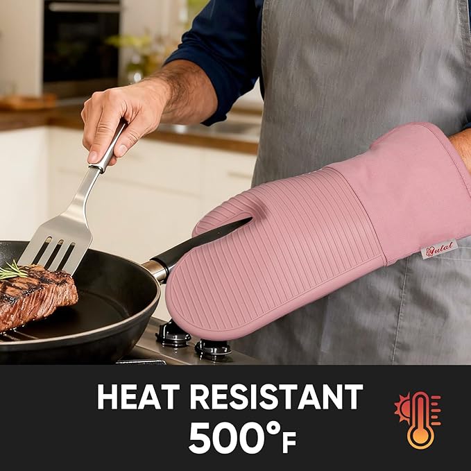 YUTAT Silicone Oven Mitts,High Heat Resistant Up to 500 Degrees,Waterproof Cooking Gloves with Soft Polyester Filling,Kitchen Potholder Set - Perfect for BBQ,Baking and Cooking,Pink,2 Pcs Set