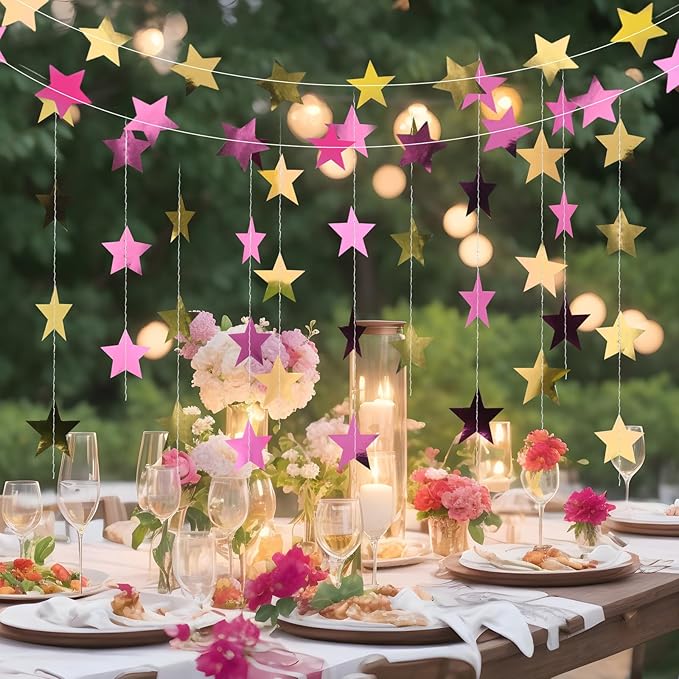Patelai 78 Feet Glitter Star Garland Banner 2026 Party Decoration Double Side Star Hanging String Streamer Paper Twinkle for Graduation Wedding Birthday (Gold and Pink)