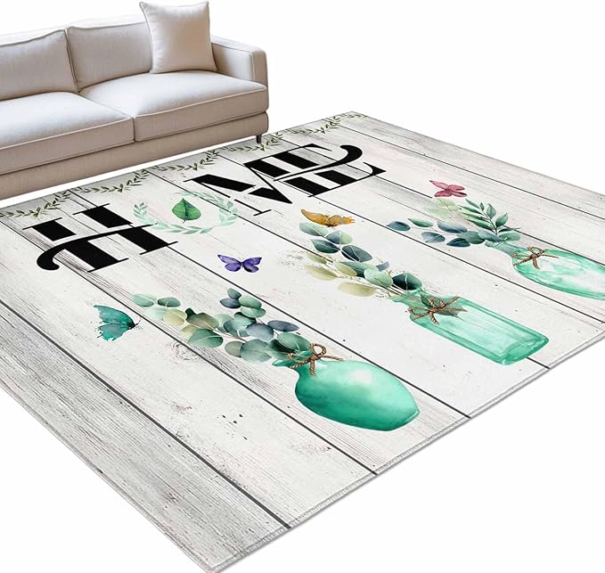 Area Rug 9x12ft, Summer Eucalyptus Leaf Colorful Butterfly Washable Rugs for Living Room Bedroom Rectangle Floor Carpet, Home Text Wood Plank Soft Non-Slip Area Rugs for Dining Room