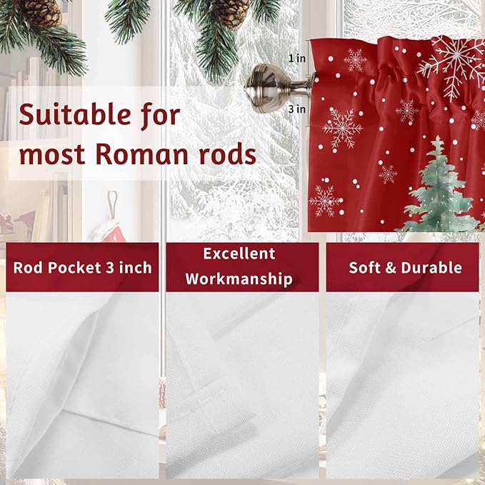 Christmas Tree Swag Valance Curains Winter Pine Tree Xmas Forest Snowflakes Red Rod Pocket Kitchen Curtains Scalloped Window Treatment Valances Swag for Living Room Bedroom, 1 Pair, 36"W x 45"L