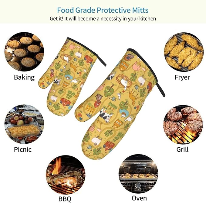 Farm Animals Design Oven Mitts of 2-Pack Set, Funny Kitchen Gloves Heat Resistant Non-Slip Kitchen Mitts Safe Cooking Baking Grilling