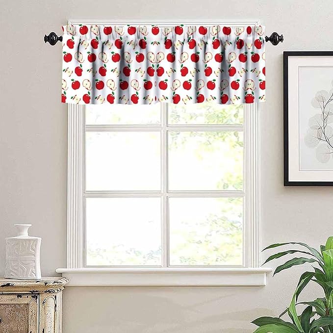Fresh Apple Curtain Valance, Red Fruit Kitchen Window Treatment for Kitchen Dining Room Bedroom Living Room Cafe Home Decor, 54x18Inch