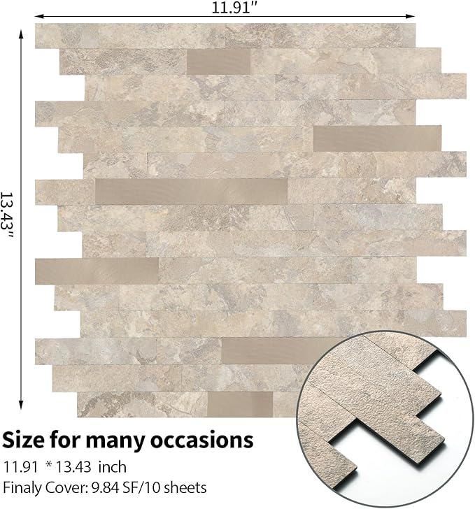 Yipscazo 10 Sheets Peel and Stick Stone Metal Tile Backsplash, Stick on Tiles for Backsplash Kitchen, Bathroom, Laundry Room, Camper, Fireplace (12'' X 12'', Beige Stone with Gold Metal)