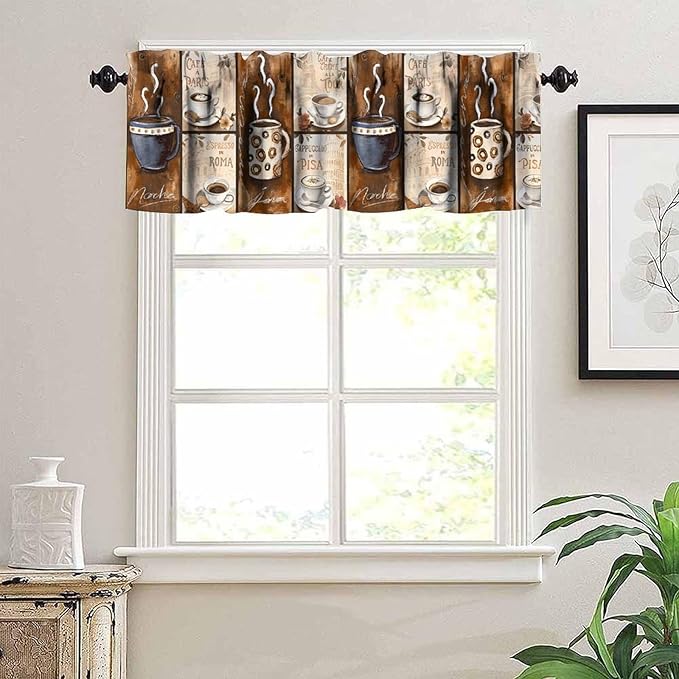 Vintage Coffee Curtain Valance, Rustic European City Paris Rome Pisa Short Window Treatment for Kitchen Cafe Bedroom Dining Living Room Home Decor, 54x18Inch