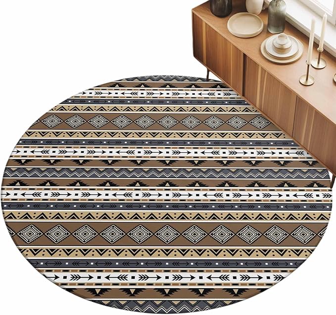 Washable Round Area Rug Boho Tribal Stripes Circle Rugs Floor Carpet for Living Room Bedroom, Ethnic Borders Arrow Motifs Soft Non Slip Round Rug 3ft