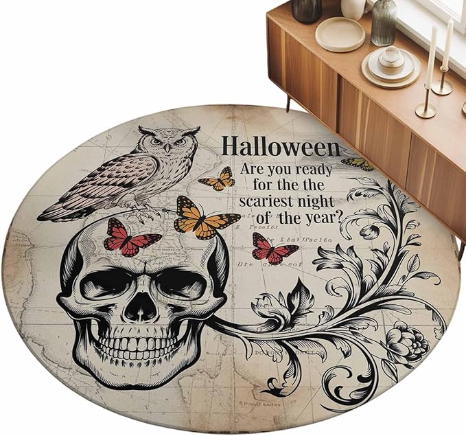 Washable Round Area Rug Halloween Skull Owls on Vintage Circle Rugs Floor Carpet for Living Room Bedroom, Retro Butterflies Flower Soft Non Slip Round Rug 5ft