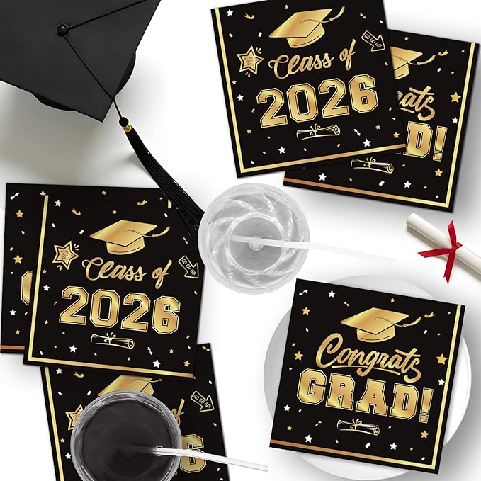50 Pcs Graduation Napkins Decorations - Black Gold Class of 2026 Congrats GRAD 3-Ply Paper Cocktail Dinner Napkins Set for 2026 Graduation Party Supplies Table Decor Favors, 6.5 x 6.5 Inch