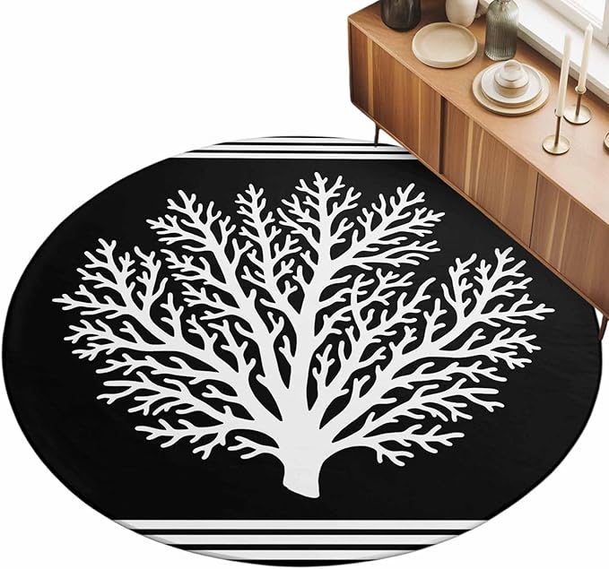 Washable Round Area Rug Coastal Coral Reef Texture Circle Rugs Floor Carpet for Living Room Bedroom, Ocean Theme Black White Soft Non Slip Round Rug 5ft