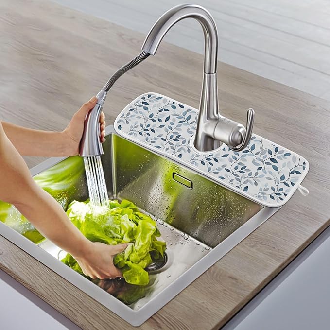 Kitchen Faucet Absorbent Mat,Green Gray Leaf Water Splash Guard for Sink, Faucet Drip Catcher Thicken Sponge Microfiber Faucet Water Catcher Mat Sink Absorbent Mat for Kitchen 14x5in 2 Pack