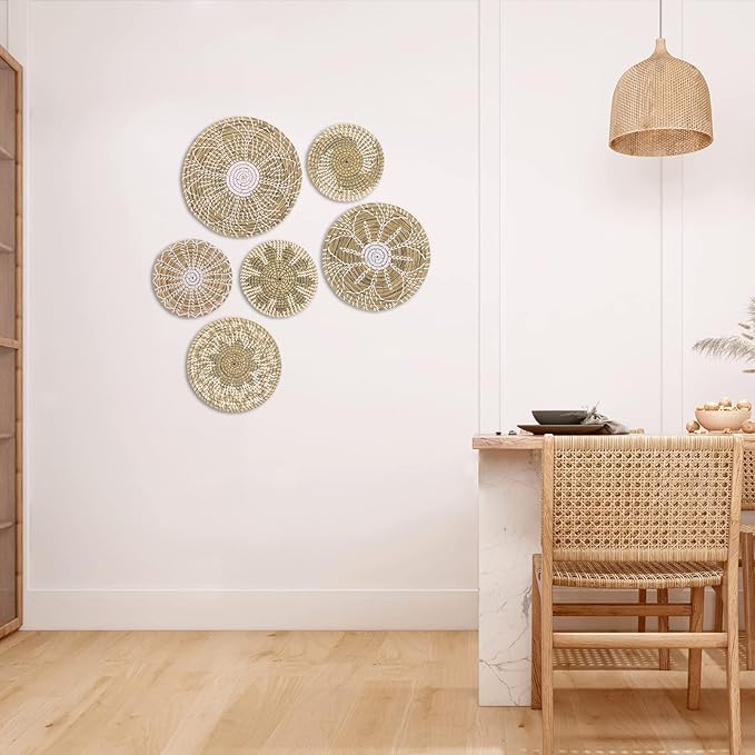 Boho Wall Basket Decor Set of 6 - Hanging Woven Basket Wall Decor, Handcrafted Round Flat Seagrass Baskets Wall Art, for Rustic、Farmhouse、Home - Unique Wicker Wall Basket Decor (White Classic)