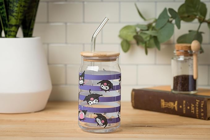 Silver Buffalo Sanrio Hello Kitty and Friends Kuromi 2 Pack Glass Jar Tumbler with Bamboo Lid and Glass Straw, 16 Ounces