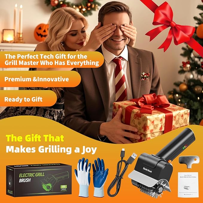 Electric Grill Brush with Dual Safety Lock - 2026 TikTok Ideal Gift for Men Dad Husband, Professional BBQ Cleaner with Submersible 304 SS Head, Splash-Proof Scrubber for Grill (Orange Button)