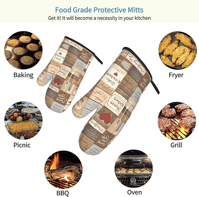 Farmhouse Splicing Wood Grain Oven Mitts of 2-Pack Set, Funny Kitchen Gloves Heat Resistant Non-Slip Kitchen Mitts for Cooking Baking Grillingf