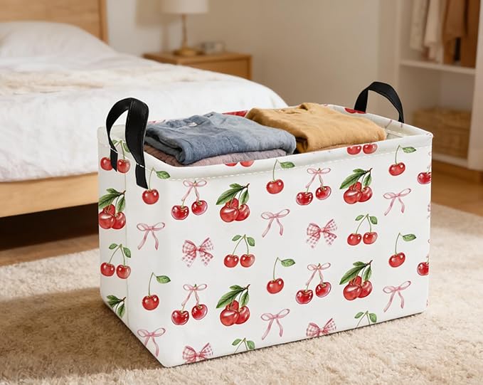 Essme Rectangular Kids Baskets,Cherry Storage Box,Cute Basket for Kids with Handles for Room Decor, Book Bins,Shelf Basket.(Cherry)