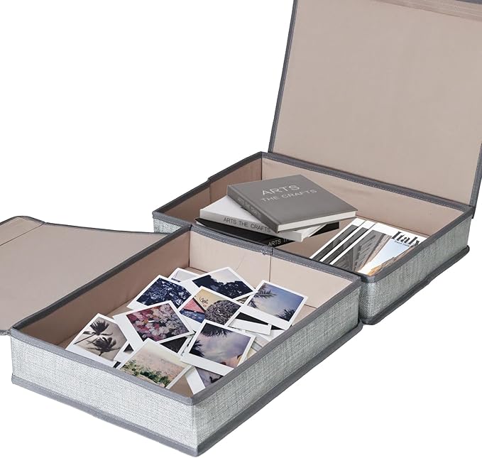 Photo Storage Boxes with Lids, Memory Box for Keepsakes, Picture Organizer Versatile Linen Containers Basket Collapsible Bin for Organizing Home Office, 2 Pack, 14x10.8x2.5 Inch, Gray